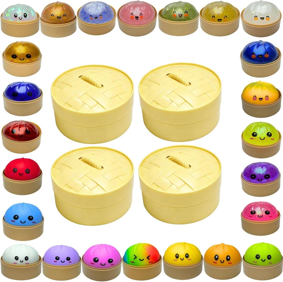 Random Flashy Dumpling Box Stress Ball,Colorful Steamer Baozi Stress Relief Ball,Stretche Squishy Squeeze Stress Ball,Random 4 of 24 Color Bao Bun Mystery Box Soft Stress Relief for Office Home Adult