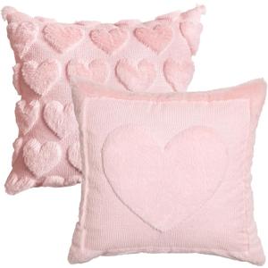 AVOIN colorlife Happy Mother's Day Love Heart Pink Throw Pillow Covers, 18 x 18 Inch Gift Home Decor Soft Plush Faux Fur Jacquard Cushion Case for Sofa Couch Pink, 18" x 18" (Pack of 2)