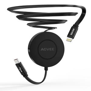AGVEE 0.3ft Fixed / 2.3ft Extend USB-C to Lightning Charger Cable Mountable One Way Retractable 27W Fast Charging Cord, Pocket-Sized for iPhone 14 13 12 11 XS, Desk Organizer, Black