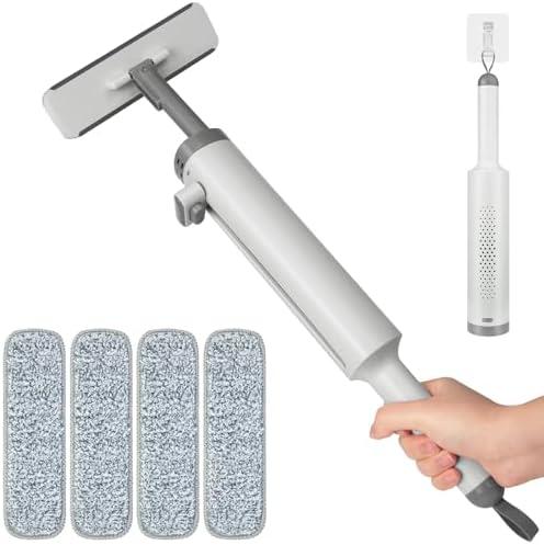 Shker Portable Self-Squeeze Mini Mop, Short Rotatable Hand Wash-Free Flat Squeeze Mop with Crevice Brush and Reusable Microfiber Pads, Floor Cleaning System (Mop+2Pads), Gray