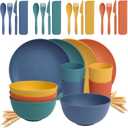 Idealic 28-Piece Wheat Straw Dinnerware Set for 4, Microwavable Dishes Dishwasher Safe Unbreakable Dinnerware Set, Dinner Plates,Snack Bowls, Camping Cups, Reusable Kitchen Set, Colorful