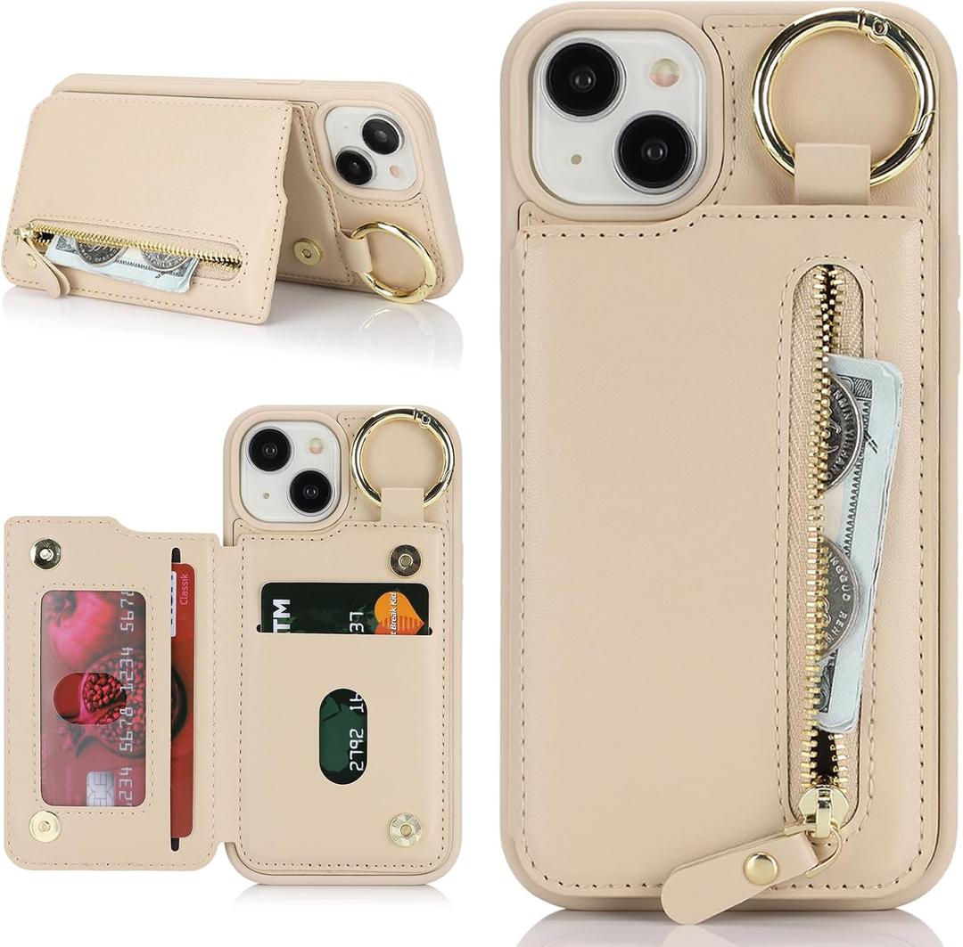 for iPhone 15 case Wallet with Card Holder for Women Men Shockproof Phone case with Keychain Ring Stand Leather Zipper Credit Card Slots-Beige