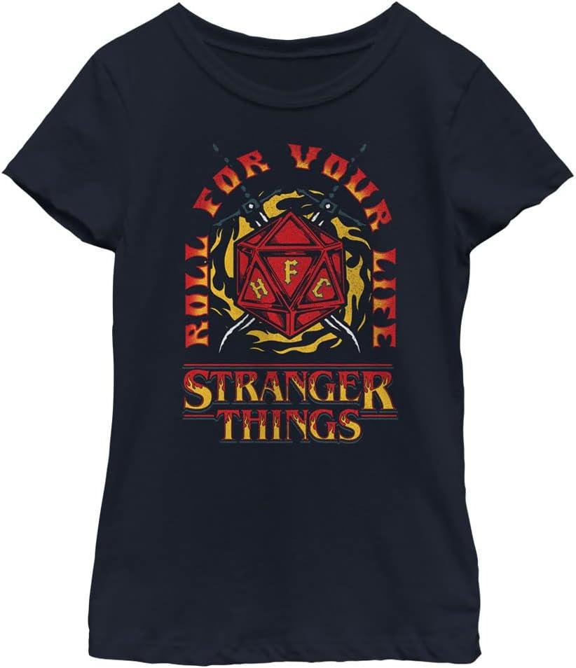 Netflix Stranger Things Fire and Dice Girls Short Sleeve Tee Shirt (Medium, Navy Blue)