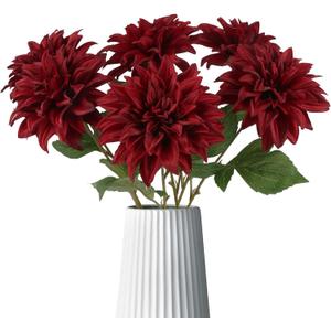 5PCS Burgundy Dahlia Artificial Flowers 6" Large Faux Dahlia Realistic Silk Flowers 20in Long Stem Fake Dahlia Bouquets for Wedding Bride Centerpieces for Table Home Party Floral Decor (Burgundy)