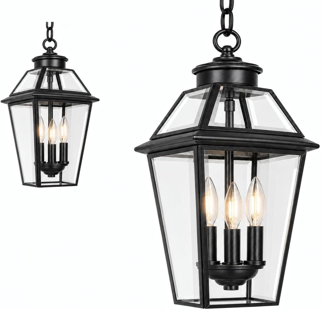 3-Light Black Outdoor Pendant Light, Exterior Hanging Lantern with Clear Glass, Weatherproof Outdoor Chandelier for Porch, Front Door, Patio, Entryway, 9.4"L*9.4"W*17.1"H