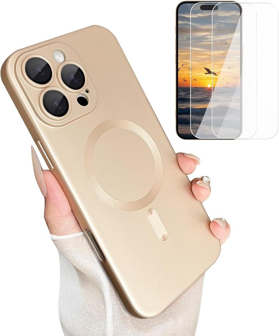 ankofave Magnetic for iPhone 16 Pro Phone Case for Women, [Compatible with Magnetic] Matte Soft Metallic Design with Lens Protectors & 2 Screen Protectors for iPhone 16 Pro 6.3"-Champagne Gold