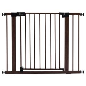 BABELIO 29-40" Metal Baby Gate with Black Wood Pattern, Auto Close Dog Door for The HouseStairs and Doorways, Pressure Mounted Pet Barrier, with Wall Protectors and Extenders