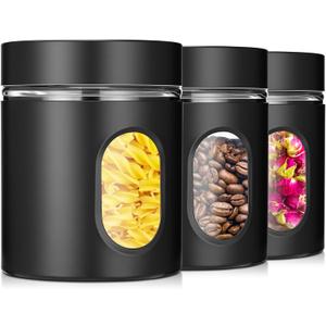 Mimorou 3 Pcs Stainless Steel Canister Set with Glass Windows Visible Storage Jars Silver Kitchen Canister Set for Pasta Flour Oat Sugar Container, Kitchen Tools, Housewarming Gifts (Black,20 oz)