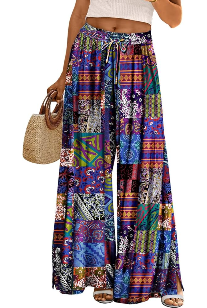 YESNO Women Summer Boho Palazzo Pants High Waist Wide Leg Floral Casual Cotton Lounge Trousers with Pockets PP0 size L