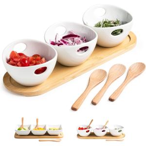 Chip and Dip Serving Set, Dipping Sauce Bowls Divided Serving Dishes with Wooden Spoons, Ceramic Dip Bowl Display Serving Tray for Party Dinner Entertaining