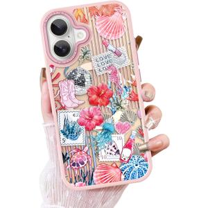 OOK Case for iPhone 16 [Compatible with MagSafe], Luxury Gilded 3D Textured Pink Coastal Beach Ocean Sea Shell Floral Collage Frosted Shockproof for Women Girls Magnetic Phone Cover