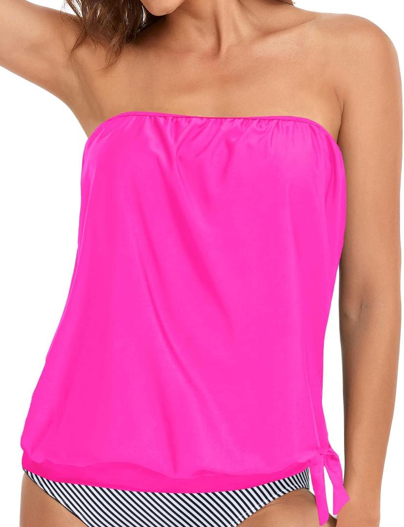 Holipick Strapless Tankini Tops for Women Swimwear Top ONLY Bandeau Bathing Suit Blouson Swimsuit No Bottom (X-Large, Hot Pink)