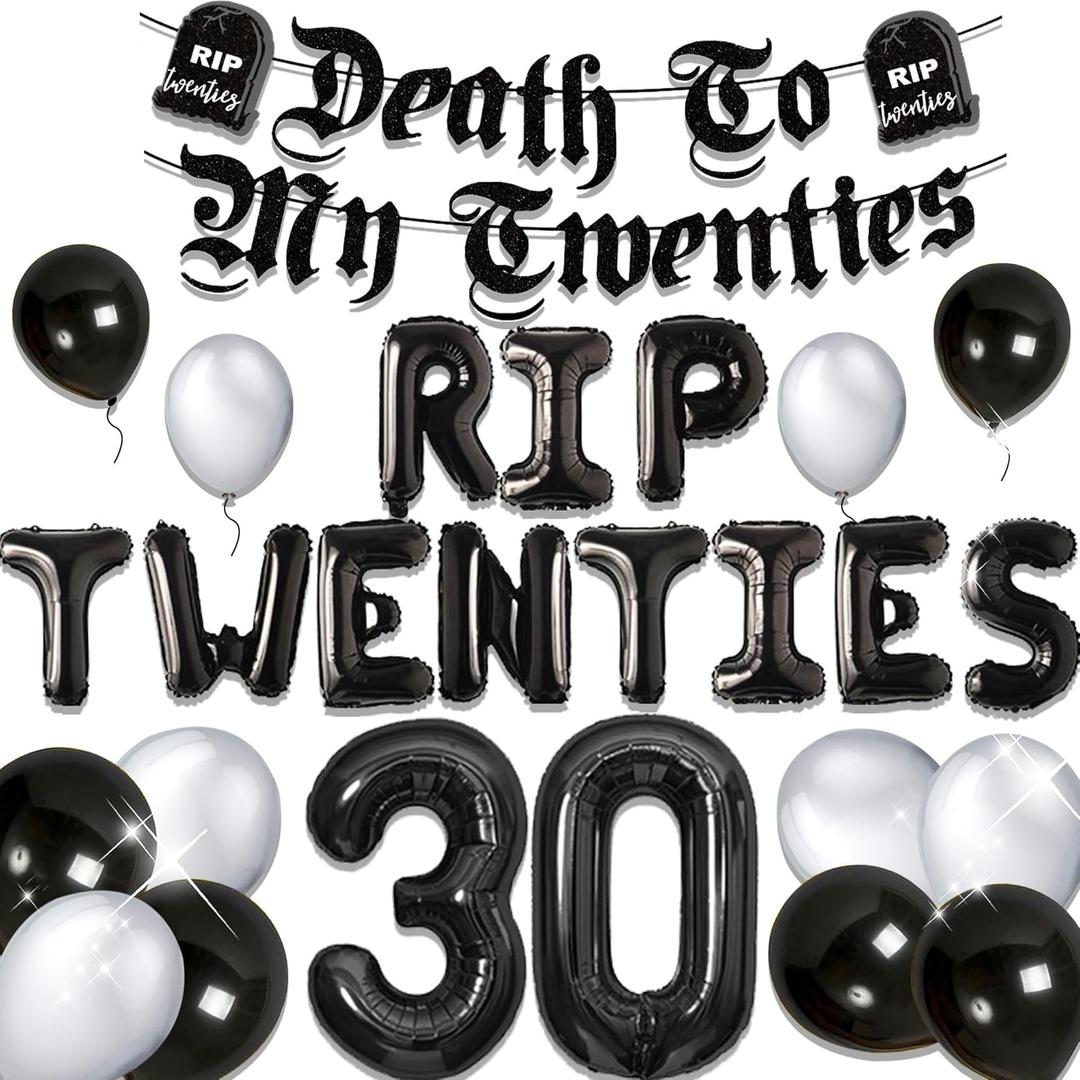JeVenis Rip to My 20s Balloons Rip Twenties Balloons Gothic Birthday Decoration 30 Birthday Present Death to My 20s Banner Funeral for My Youth 30th Birthday Decoration