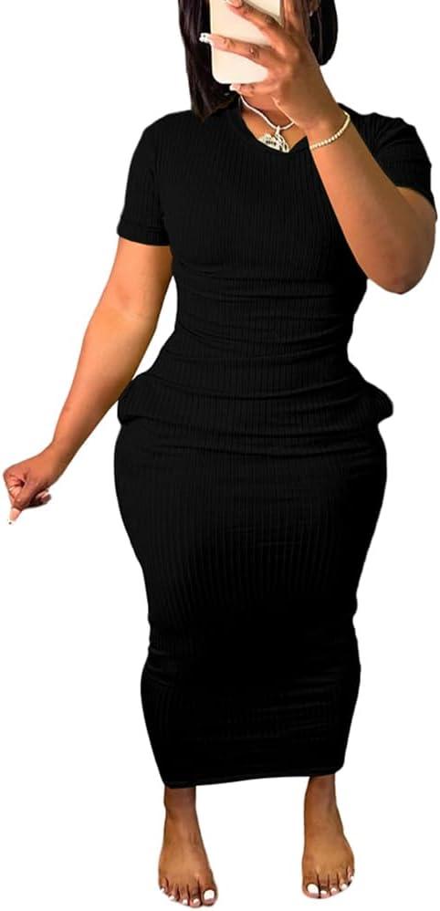 Women's Casual Short Sleeve Dress T Shirt Bodycon Dresses Ribbed V Neck Maxi Sundress Basic Party Club Dress with Pocket (Large, Black)