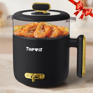 Topwit Hot Pot Electric with Steamer, 1.8L Ramen Cooker, Portable Electric Pot for Cooking, Multifunctional Cooker for Steak, Egg, Soup, Noodle with Power Adjustment, Dorm Room Essential, Black