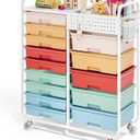 Rolling Storage Cart with 14 Drawers, Storage Organizer Cart with Tabletop and Pegboard,Utility Cart for Living Room, Classroom, Bedroom,Bathroom,Dorm,Office (Rainbow)