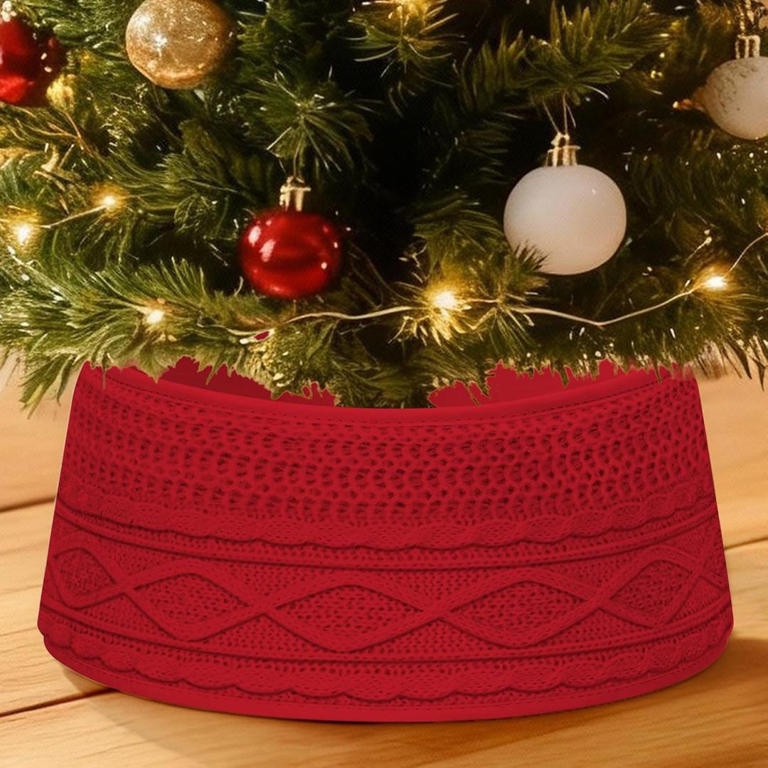 13.5 Inch Mini Knit Christmas Tree Collar - Small Xmas Tree Stand Cover for Tabletop Artificial Trees, Farmhouse Decor for Office, Stairwells & Small Spaces, Red
