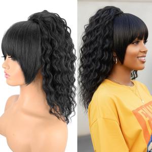 Ponytail Extension with Bangs,Yaki Curly Drawstring Ponytail Extension for Women 20 Inch Long Black Wavy Layered Pony Tails Hair Extensions Synthetic Clip in Ponytail Hairpiece for Women