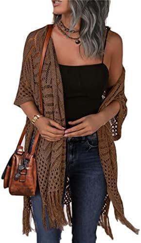 HOTOUCH Womens Knit Cardigan Open Front Outwear Hollow Out Crochet Tassel Lightweight Kimonos Sweater XXL