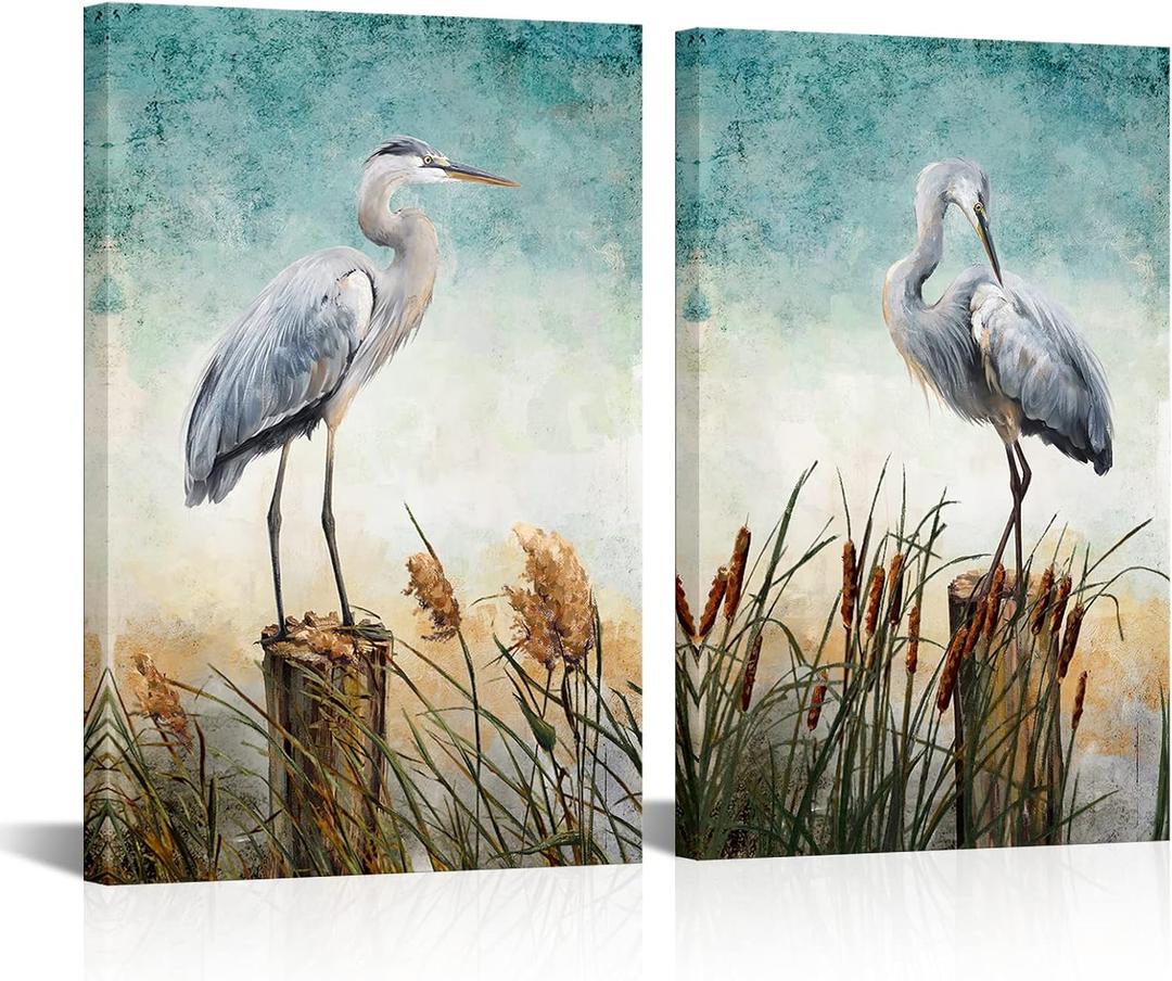 KLVOS Blue Heron Canvas Wall Art Print Coastal Birds Painting Modern Ocean Pictures Artwork for Living Room Bedroom Home Office Bathroom Wall Decor Framed Home Decoration 16x24inchx2Panel