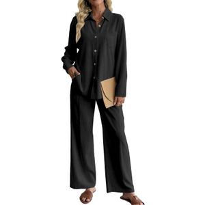 heipeiwa Women's 2 Piece Outfits Linen Long Sleeves Button Down Shirts Wide Leg Pants Sets Tracksuit Casual Vacation Clothes (Black, XXL)