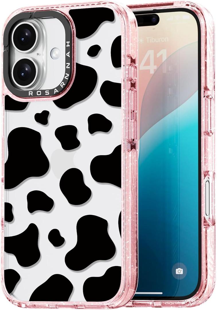 Compatible for iPhone 16 Case Cute - Durable Shockproof 6.6 ft Drop Impact Phone Case - Glitter Pink Funny Milk Cow Print Design for iPhone 16 6.1"