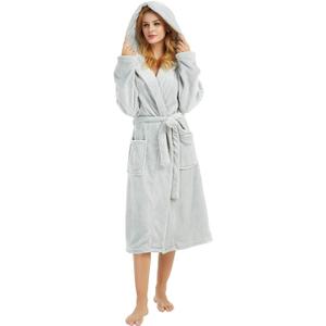HEARTNICE Womens Hooded Fleece Robe, Soft Bathrobe for Women's, Cute Long House Coat (Small-Medium, Light Grey Hooded)