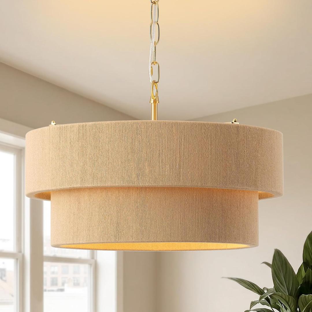 18.1" Rattan Chandelier, 2-Tier Boho Rattan Pendant Ceiling Light Fixture, 5-Light E12 Dimmable Modern Ceiling Light Fixtures for Dining Room, Kitchen Island, Living Room(Brown)