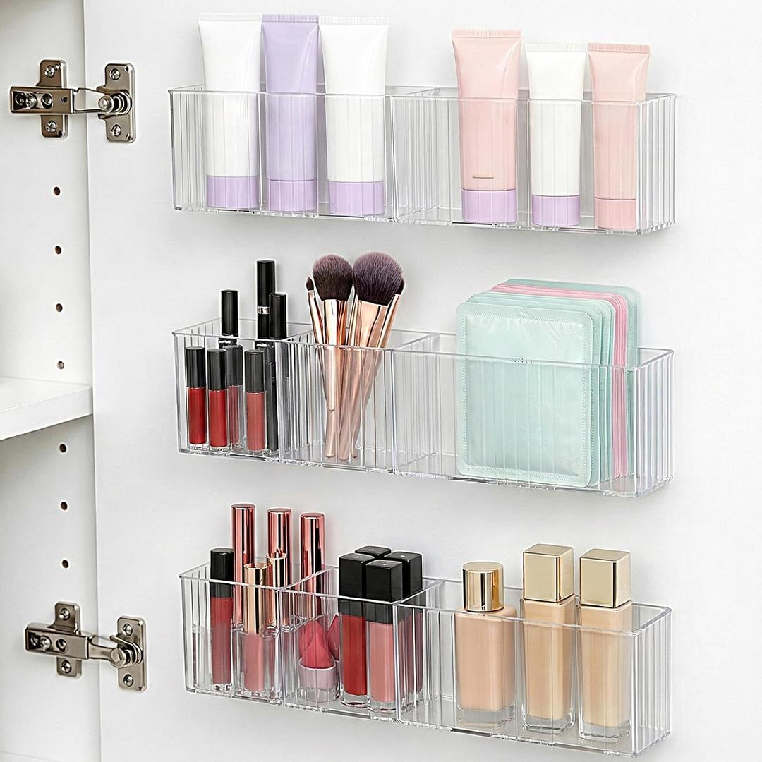 3 Pack Bathroom Makeup Organizer Long Narrow Clear Cabinet Door Organizer Wall Mount Clear Bathroom-Organizers and Storage with 3 Compartments Acrylic Shower Shelves for Kitchen & Bathroom, Office