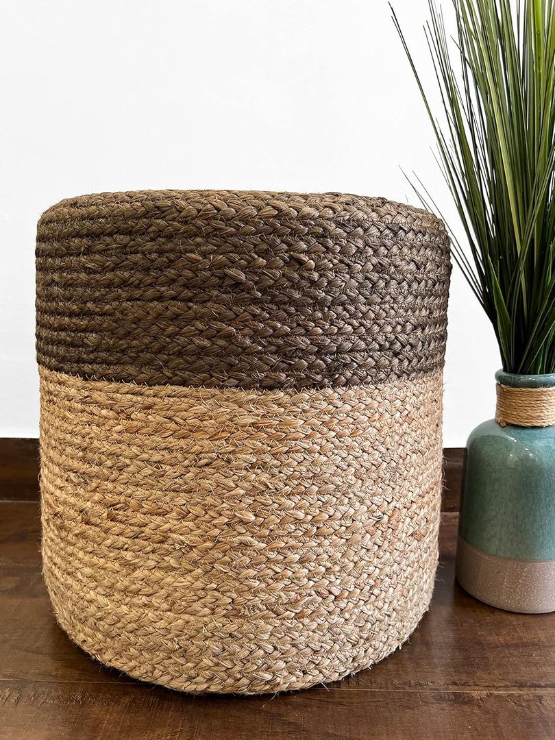S & L Homes Pouf Ottoman - 100% Jute Braided Footrest Pouf Hand Knitted Traditional Cord Boho Pouffe for Living Room, Bedroom, Nursery, Patio, Lounge Colorblock - Natural Brown (16x16x16)