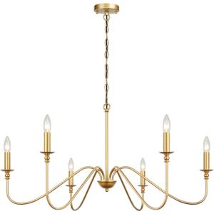 Gold Chandelier 6-Light Modern Brass Farmhouse Chandelier Wrought Iron Classic Candle Ceiling Pendant Light Fixture for Dining Room Living Room Kitchen Island Entry Stairwell, Dia 35"