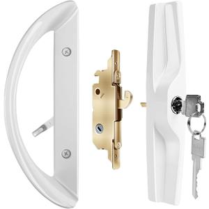 Sliding Patio Door Handle Set with Lock , Sliding Glass Door locks with Key and Mortise Lock, Replacement for sliding door Fits Thickness from 1-1/2" to 1-3/4" Reversible Design 3-15/16" Screw Holes (White)