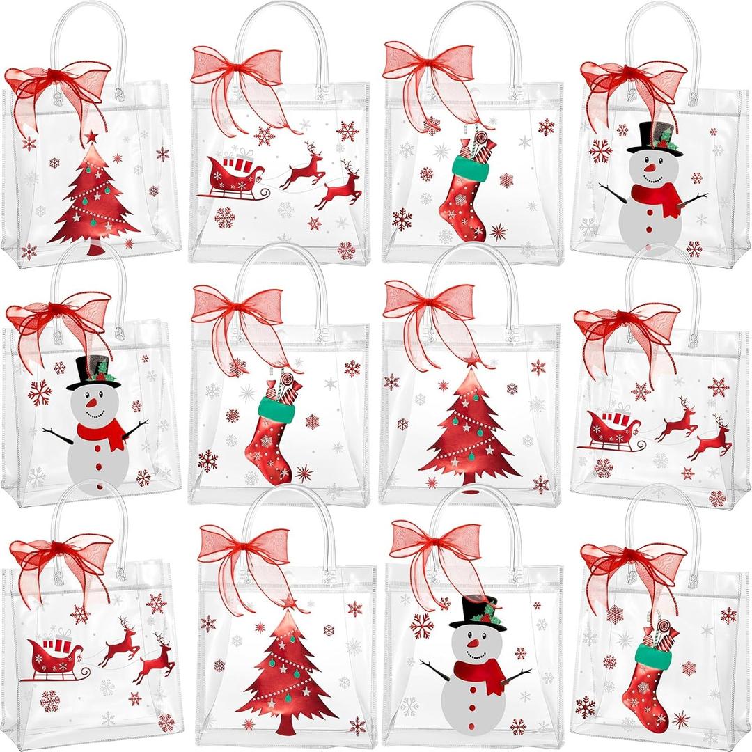 Henoyso 12 Pcs Christmas Clear Gift Bags Plastic Candy Treat Goodie Bags Red Foil Santa PVC Wrap Totes with Handles and Ribbon Xmas Party Favors (Snowman and Christmas Tree, 7.8 x 7.8 x 3.1 Inch)