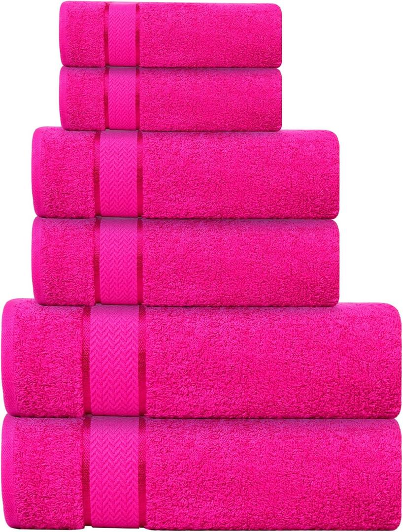 Bath Towels Set -100% Cotton - 2 Bath, 2 Hand & 2 Washcloths - Large, Thick, Fluffy, Absorbent, Quick Dry, Soft & Plush - 6 Piece Luxury Bathroom Towels - Hot Pink/Dark Pink/Fuchsia