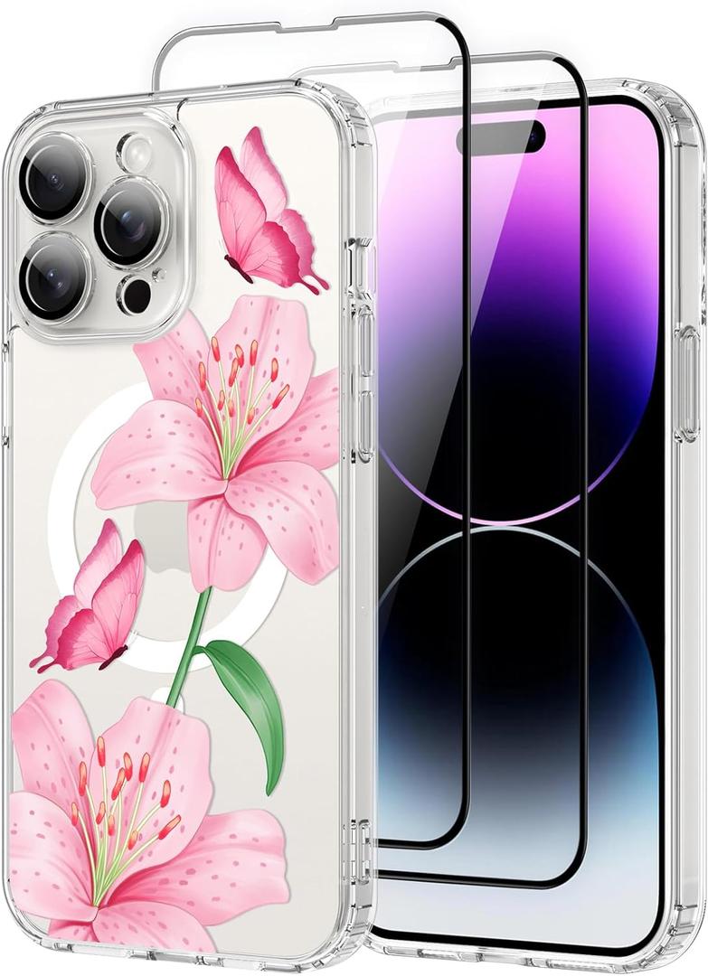 OOK Magnetic Case for iPhone 14 Pro Case Cute Flower Butterfly Design with 2 PCS Screen Protector [Compatible with MagSafe] for Girls Women Floral Clear Slim Phone Cover-Pink Lily Flower