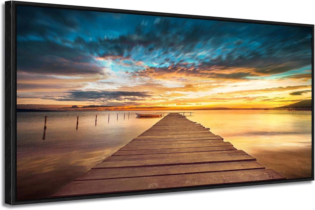Pier Framed Canvas Wall Art - Landscape Picture Sunset Lake Dock Painting Prints Nature Scenery Artwork for Bedroom Living Room Home Office (48"L x 24"W)