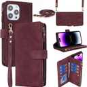 iCoverCase Compatible with iPhone 15 Pro Max Crossbody Case with Strap, Wallet Phone Case Card Holder [Not Detachable] PU Leather Kickstand Zipper Lanyard Case 6.7" (Claret)