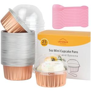 LNYZQUS 5oz Cupcake Baking Cups with Lids 25 Pack, Foil Muffin Tin Mini Cake Pans Small Cupcake Containers, Disposable Creme Brulee Ramekins Liners for Bake Sales Wedding-Champagne