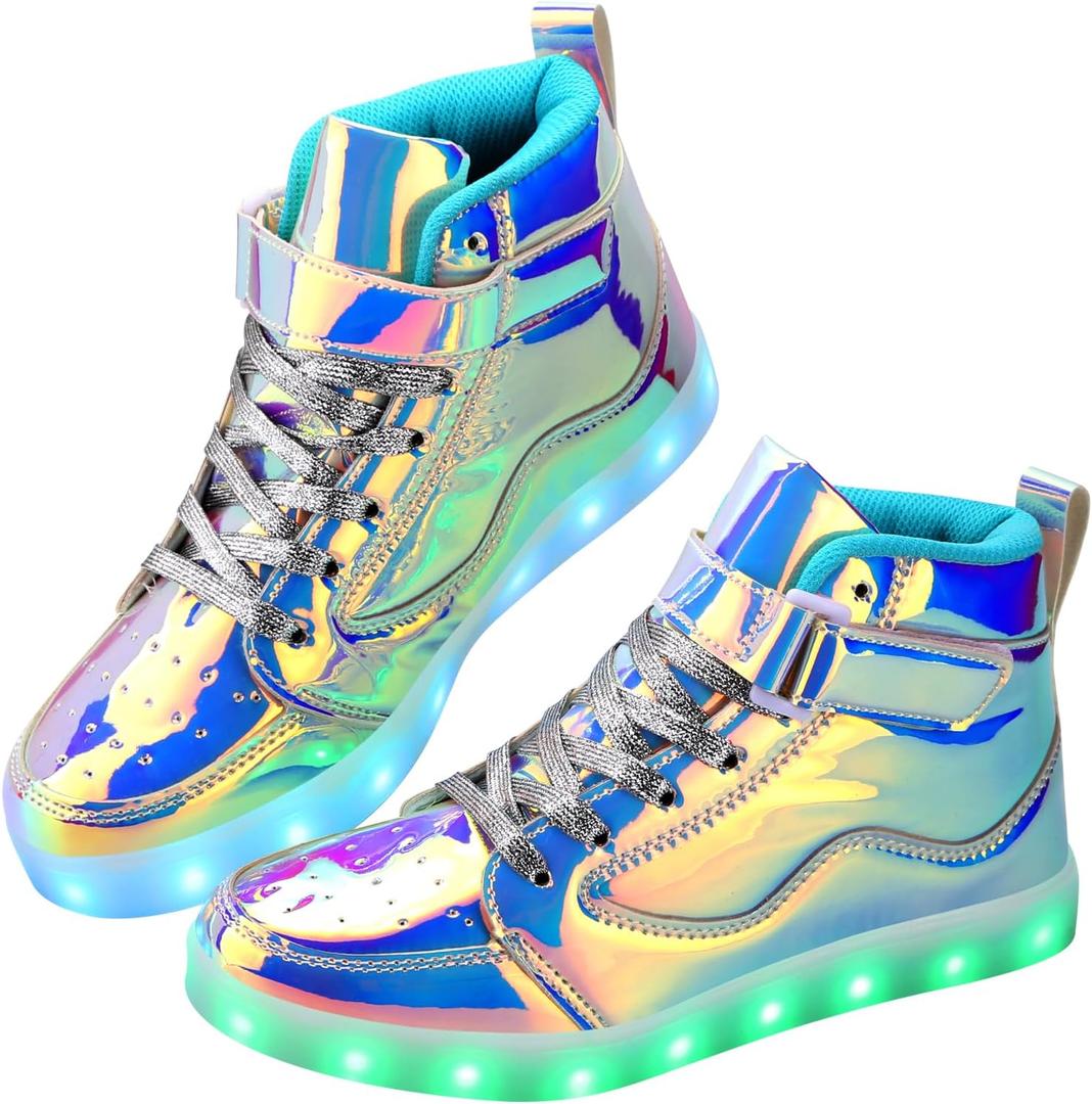Light Up Shoes Men Women LED Shoes USB Charging Adult High Top LED Sneakers Glow in The Dark Footwear for Dancing Party Festivals (9 Women/7.5 Men, Dazzle Silver)