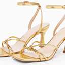 LAICIGO Women's Square Open Toe Heeled Sandals Stiletto Kitten Heel Ankle Buckle Strap Slingback Summer Dress Sandals (Gold), 7
