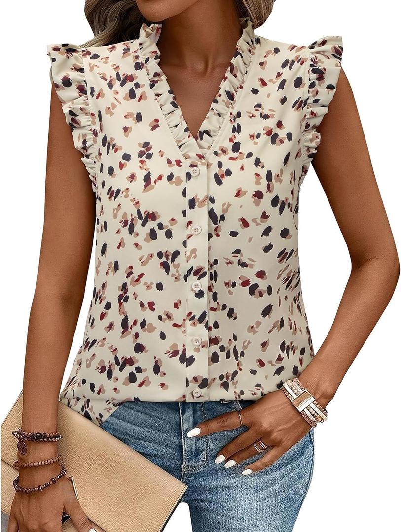 siliteelon Womens Summer Tops Ruffle Cap Sleeve Button Down V Neck Shirts Casual Trendy Cute Floral Tank Shirts, Floral Apricot Large