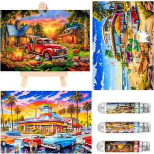 Small Jigsaw Puzzles for Adults 150 Pieces American Retro Illustration Mini Jigsaw Puzzles Challenging 6 x 4 Inches, 3 Pcs,Mini Easel Included