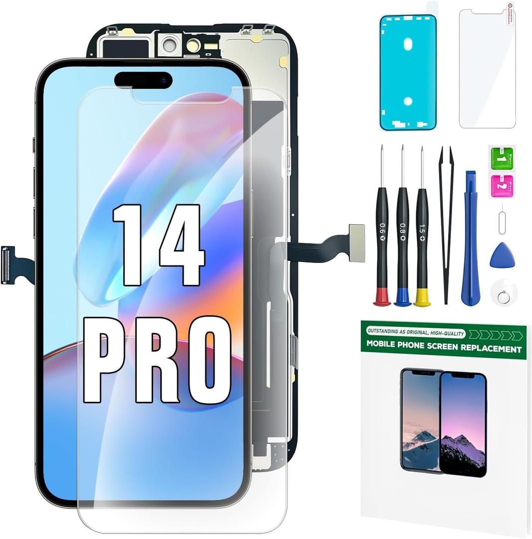 iPhone 14 Pro Screen Replacement Kit 6.1'' LCD Display 3D Touch Screen Digitizer Full Assembly Repair Kits Waterproof Frame Sticker+Screen Protector for A2650, A2889, A2890, A2891, A2892