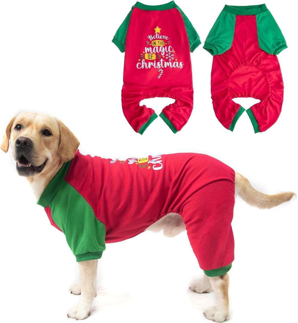 EXPAWLORER Christmas Dog Pajamas for Medium Large Dogs, Soft Dog Christmas Outfit Clothes, Xmas Pet Sweater Puppy Winter Jumpsuit Holiday Costume PJS with Cute Pattern