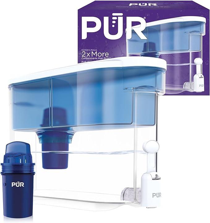 PUR 30Cup Countertop Water Filter Dispenser, 1 Genuine PUR Filter, 2in1 Powerful Filtration, Lasts 2 Months or 40 Gallons, Dishwasher Safe, White/Blue (DS1800Z)
