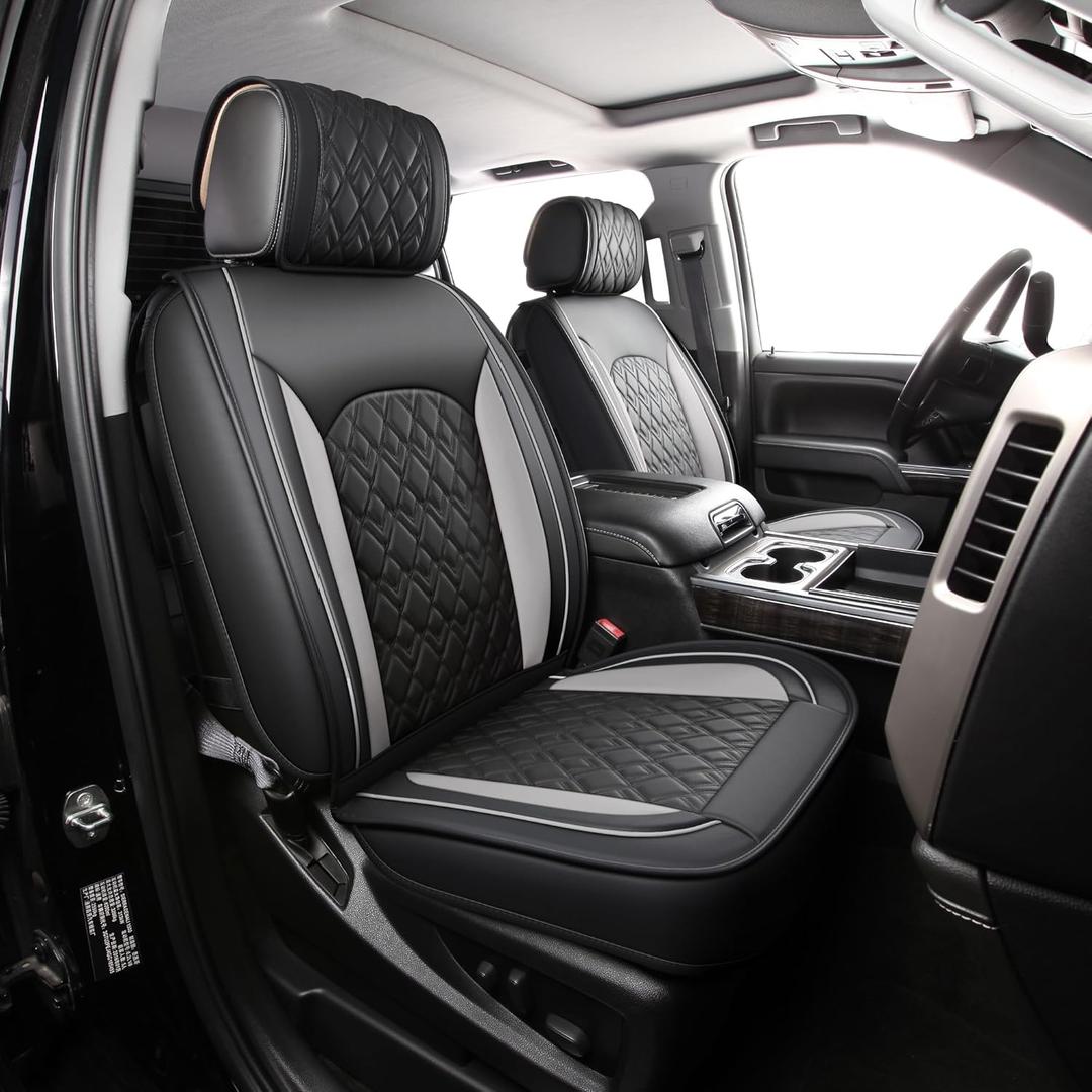 JOJOBAY Chevy Silverado Seat Covers,Leather Seat Covers for GMC Sierra,Custom Fit 2007-2024 1500 2500HD 3500HD Crew Double Extended Regular Cab,LT LZT RST(Full Set,Black Grey)