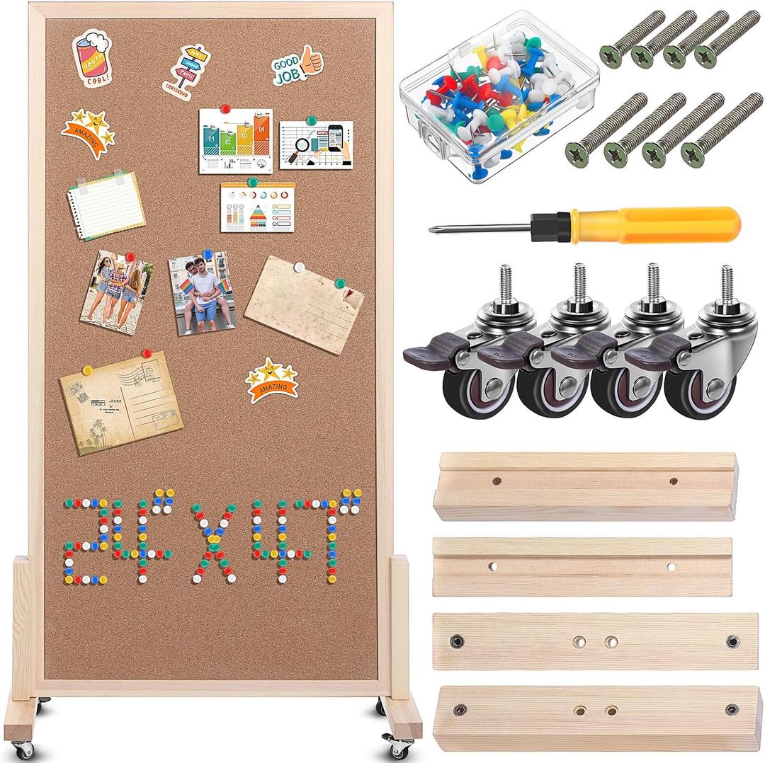 Double Sided Large Cork Board for Office with Wheel 24 x 47'' Reversible Mobile Cork Bulletin Board with Push Pin Decorative Display Board Portable Freestanding Corkboard for Home Photo Wall, 0.4" x 0.4"