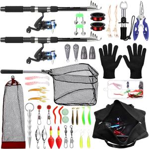 MiniInflat Telescopic Fishing Rod and Reel Combo, 6.89ft 2pcs Collapsible Rod with Plier Lip Gripper Lures Carrier Bag Pre-Loaded Spinning Reel Saltwater Freshwater Fishing Pole Kit