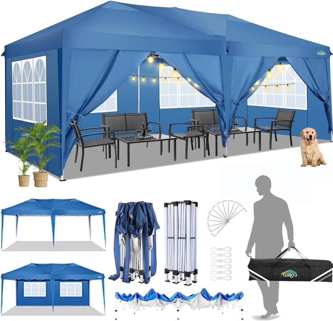 COBIZI Canopy 10x20 Pop Up Canopy with 6 Sidewalls,Waterproof Canopy Outdoor Event Shelter UPF 50+ Gazebo Tents for Parties Beach Camping Wedding Commercial Instant Easy up Canopy 10x20,Blue