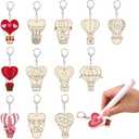 RattanView 24 Pcs Valentine's Day Heart Hot Air Balloon Craft Color Your Own Keychains DIY Craft Wooden Blank Keychains for Sunday School Classroom Home Active Party Favors Gifts, 12 Styles